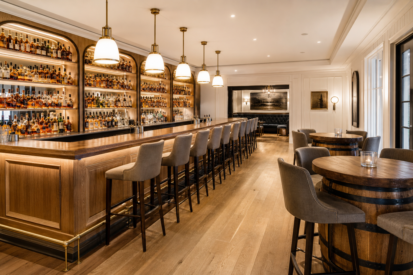 Concept rendering of the bright oak House of Oak bar interior